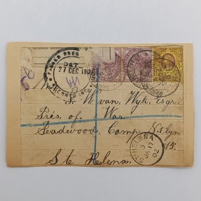 Boer War P.O.W fronts stuck back to back one side from Aliwal North 12 June 1900 to Daniel PJ Roux, POW, Deadwood Camp, Tent no 50, Jamestown, St Helena - receiving cancel 25 Jun & 1900 other side reg