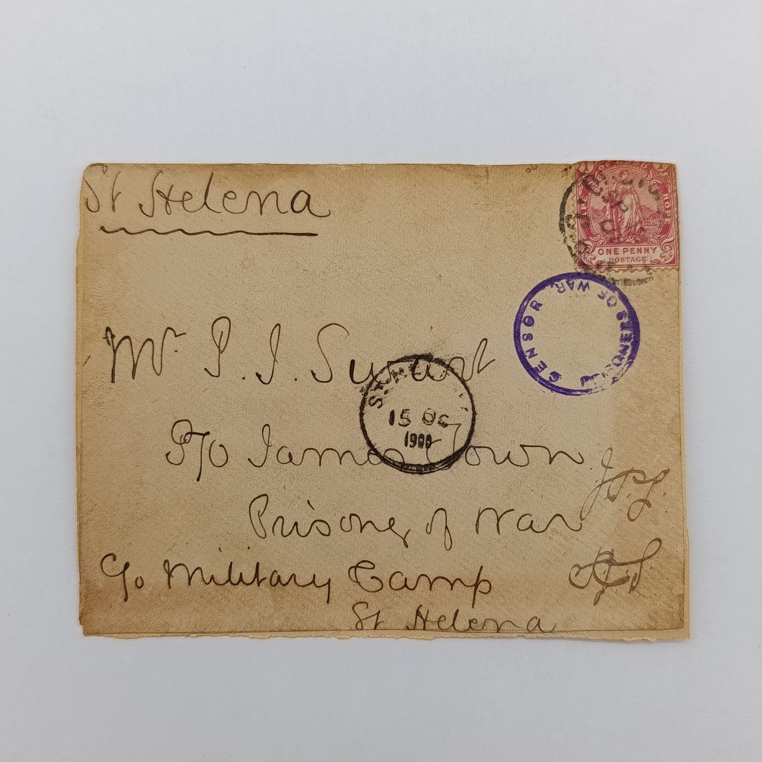 Boer War POW fronts stuck back to back one side from North, CGH 25 Jan 1901 to CJ Holtzhuizen, POW, St Helena Double rim censor &amp; received St Helena 19 Feb 1901 other side Cape of Good Hope 12 Sept 19