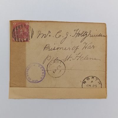 Boer War POW fronts stuck back to back one side from North, CGH 25 Jan 1901 to CJ Holtzhuizen, POW, St Helena Double rim censor & received St Helena 19 Feb 1901 other side Cape of Good Hope 12 Sept 19