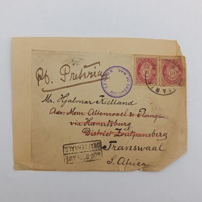 Boer War POW fronts stuck back to back one side posted Norway to Hjalmar Kielland, Zoutpansberg, Transvaal - unclaimed and with double rim censor mark other side posted Harderwijk, Netherlands 11 Feb
