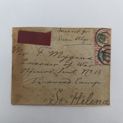 Boer War fronts stuck back to back one side from Newcastle - on - Thyne to F Mygind, POW,officer&#39;s Tent 18 Deadwood Camp,St Helena Insured sticker &amp; inscribed Insured for Seven Shlap - see description