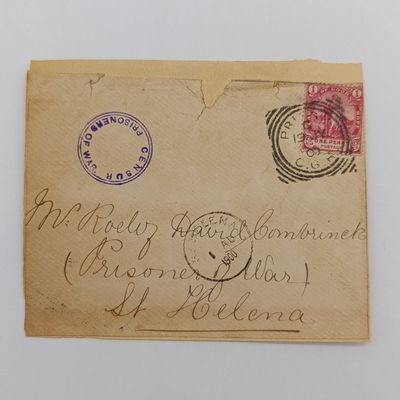 Boer War POW fronts stuck back to back one side from Prince Albert, CGH to Japie de Vries 17 Dec 1901 - Deadwood Camp St Helena - Arrived 8 Jan 1901 - censor mark other side Prins Albert CGH