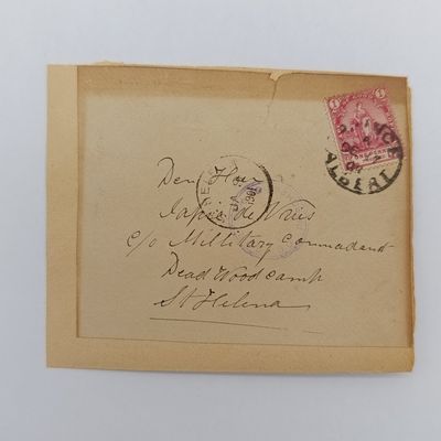 Boer War POW fronts stuck back to back one side from Prince Albert, CGH to Japie de Vries 17 Dec 1901 - Deadwood Camp St Helena - Arrived 8 Jan 1901 - censor mark other side Prins Albert CGH
