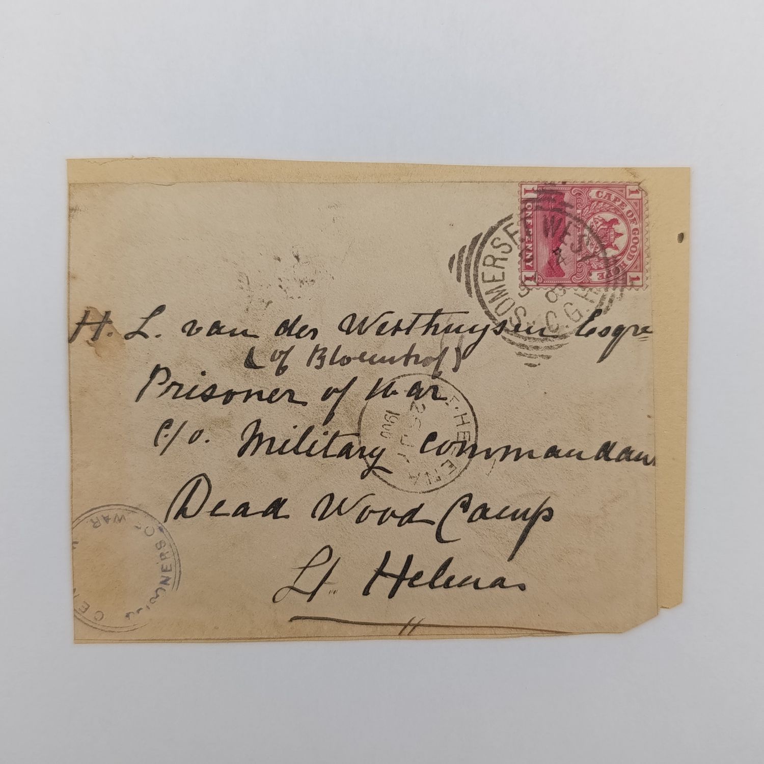 Boer War POW fronts stuck back to back one side posted Durbanville, 21 Jan 1901 - double rim censor mark to Hans du Preez Tent 177 Deadwood Camp, St Helena - Received 2 Feb 1901 other side posted
