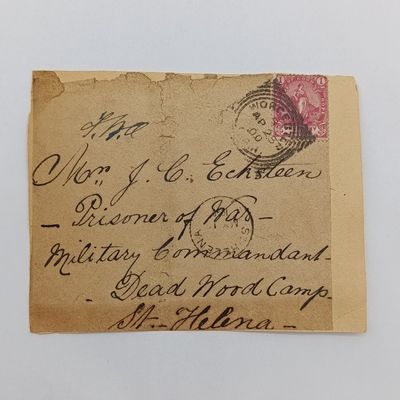 Boer War fronts stuck back to back - One side posted Worcester 25 April 1900 South Africa to Mr. J.C Ecksteen POW, Deadwood Camp, St Helena - See description