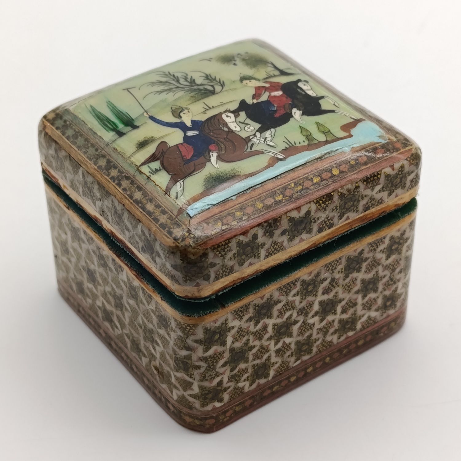 Vintage Persian Khatam-Kari inlaid trinket box with painted polo scene