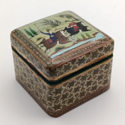 Vintage Persian Khatam-Kari inlaid trinket box with painted polo scene