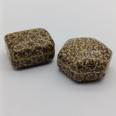 Pair of vintage Persion Khatam-Kari inlaid trinket boxes