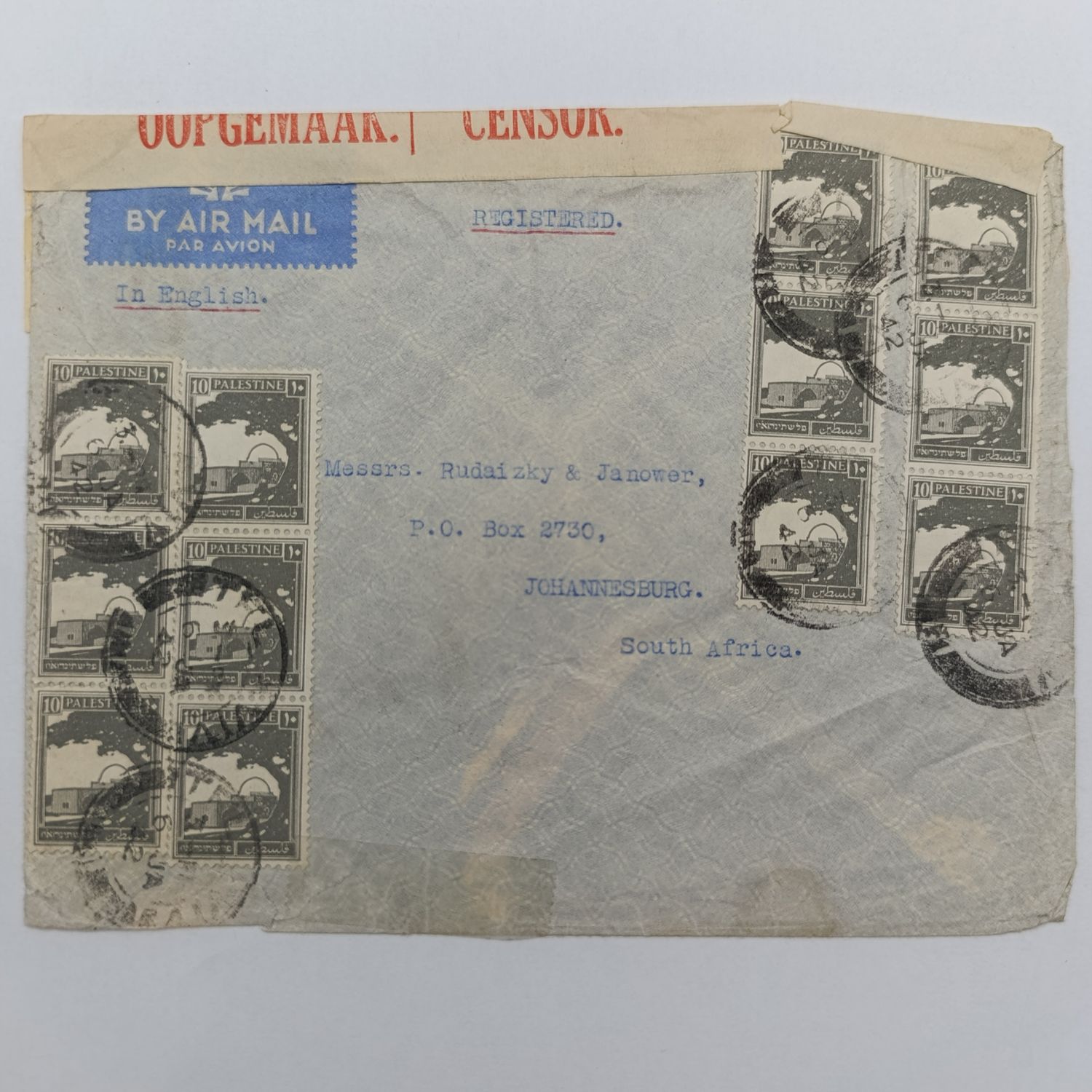 WW2 Censored airmail cover posted 6 Jan 1942 from Palestinian terratories to Johannesburg, South Africa opened by censor Stickers - 12 Palestine Stamps