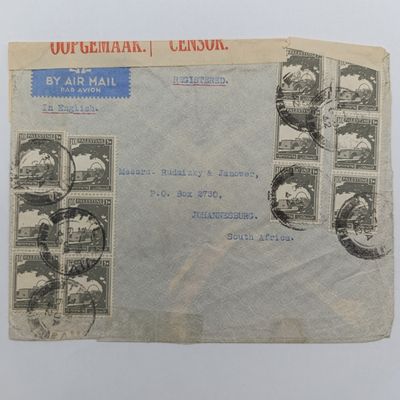 WW2 Censored airmail cover posted 6 Jan 1942 from Palestinian terratories to Johannesburg, South Africa opened by censor Stickers - 12 Palestine Stamps
