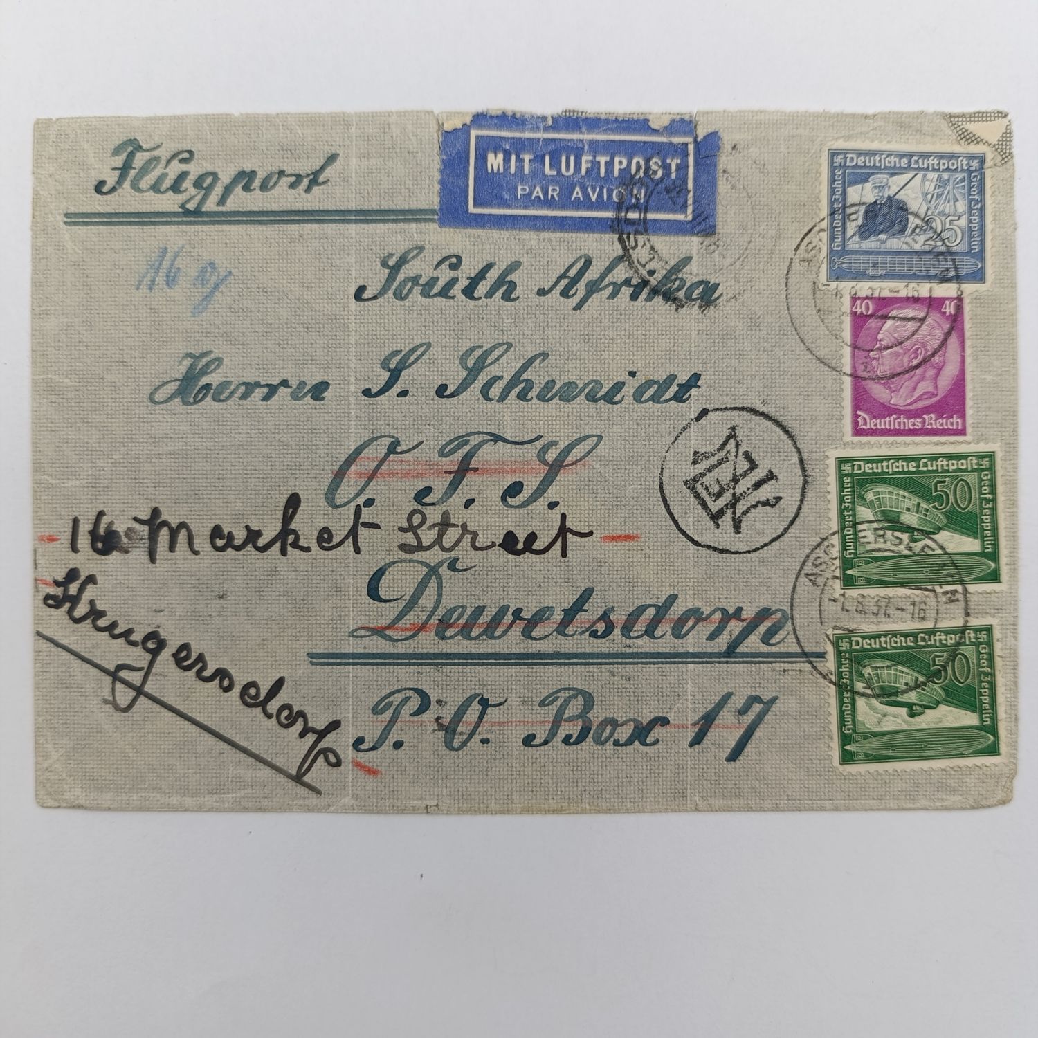 ​1937 Airmail cover Germany to South Africa through Athens, Greece rerouted from Dewetsdorp to Krugersdorp unknown Rubber stamp in front.