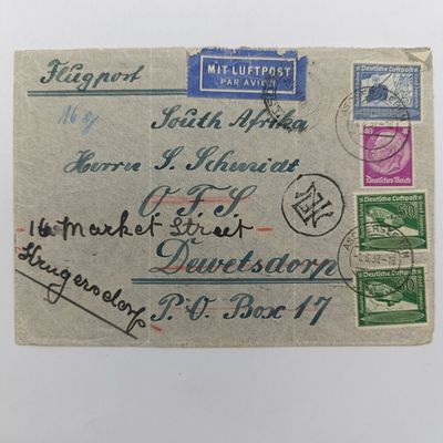 ​1937 Airmail cover Germany to South Africa through Athens, Greece rerouted from Dewetsdorp to Krugersdorp unknown Rubber stamp in front.