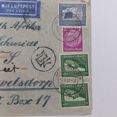 ​1937 Airmail cover Germany to South Africa through Athens, Greece rerouted from Dewetsdorp to Krugersdorp unknown Rubber stamp in front.