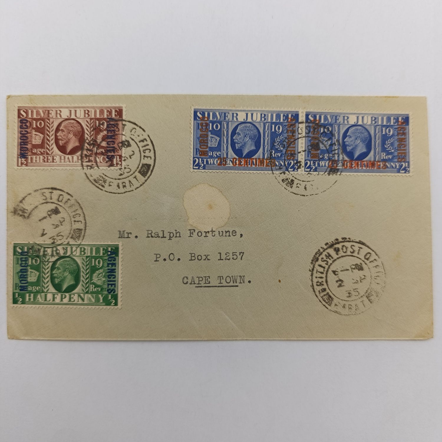 ​Letter posted 2 Sept 1935 with 4x Georges silver jubilee stamps over stamped Morocco Agencies - cancelled British Post Office FARAT