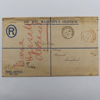​Official Registered envelope on his Majesty&#39;s service with Post Office Savings Bank cancellation, 14 Jan 1907 and London office Red registration cancel