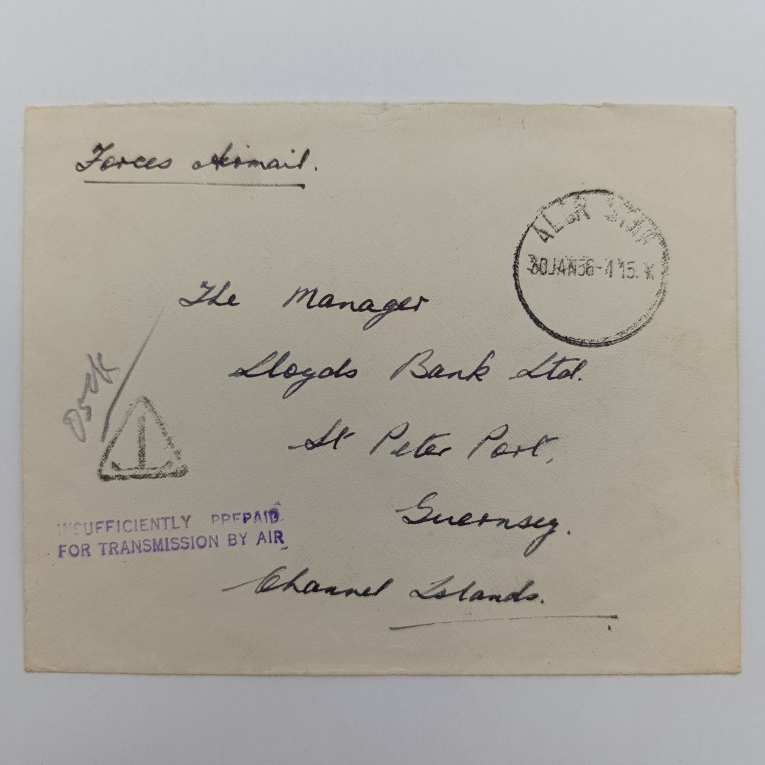 ​Forces Airmail Jan 1956 From ALOR SETAR ( Spelled ALOR STAR ) to Guernsey, Channel Island - Taxed for insuffrent prepaid for Transmission by AIR
