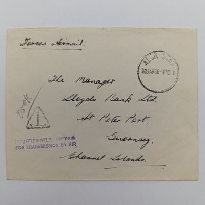 ​Forces Airmail Jan 1956 From ALOR SETAR ( Spelled ALOR STAR ) to Guernsey, Channel Island - Taxed for insuffrent prepaid for Transmission by AIR