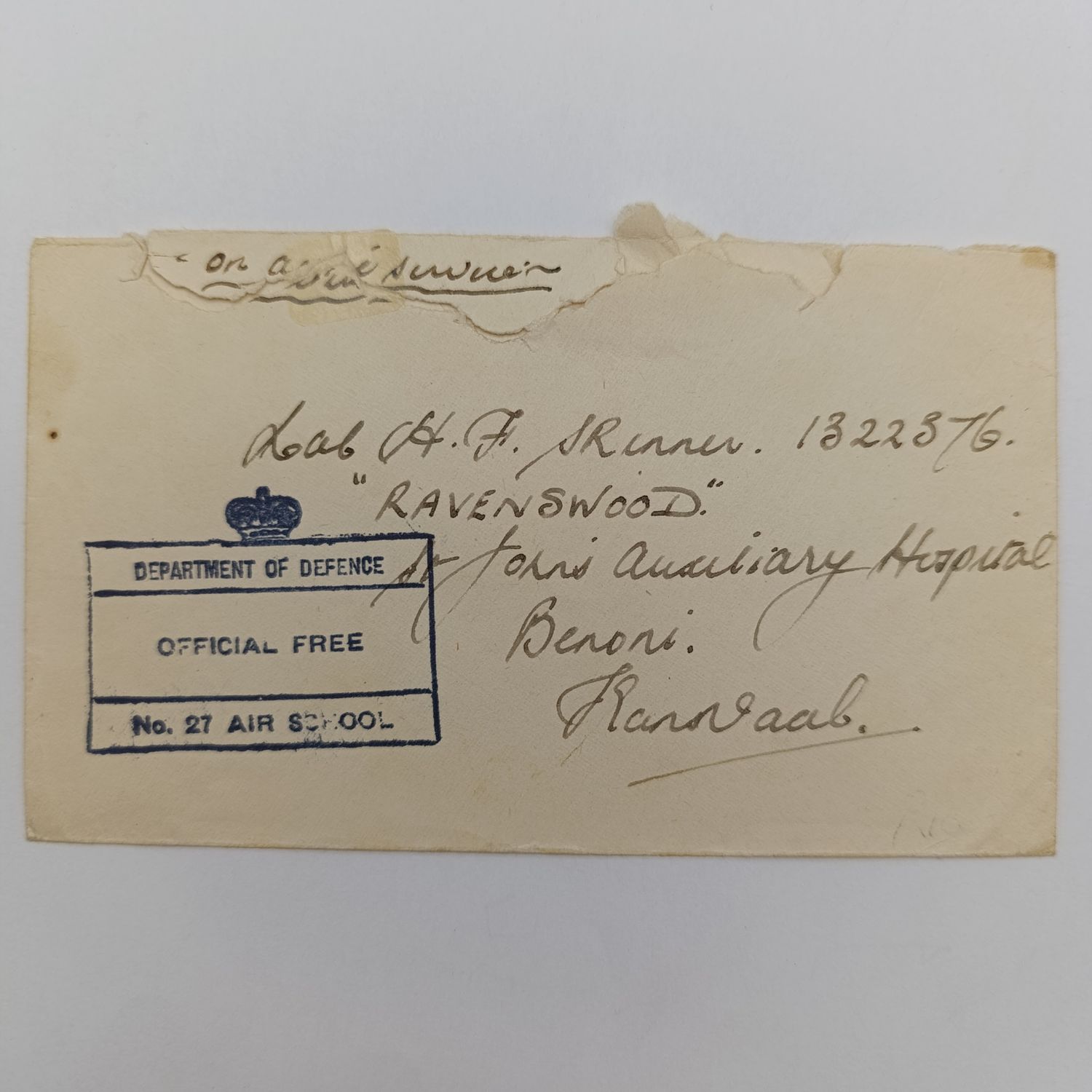 Letter from RAF No. 27 Air School to Benoni Transvaal, WW2 period