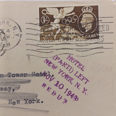 Airmail London to New York 1948 - redirected through planetarium station and forwarded as unclaimed to the inquire section