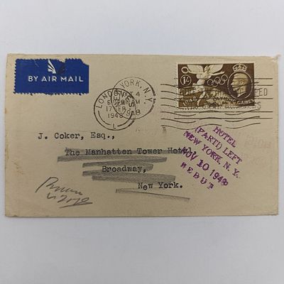 Airmail London to New York 1948 - redirected through planetarium station and forwarded as unclaimed to the inquire section