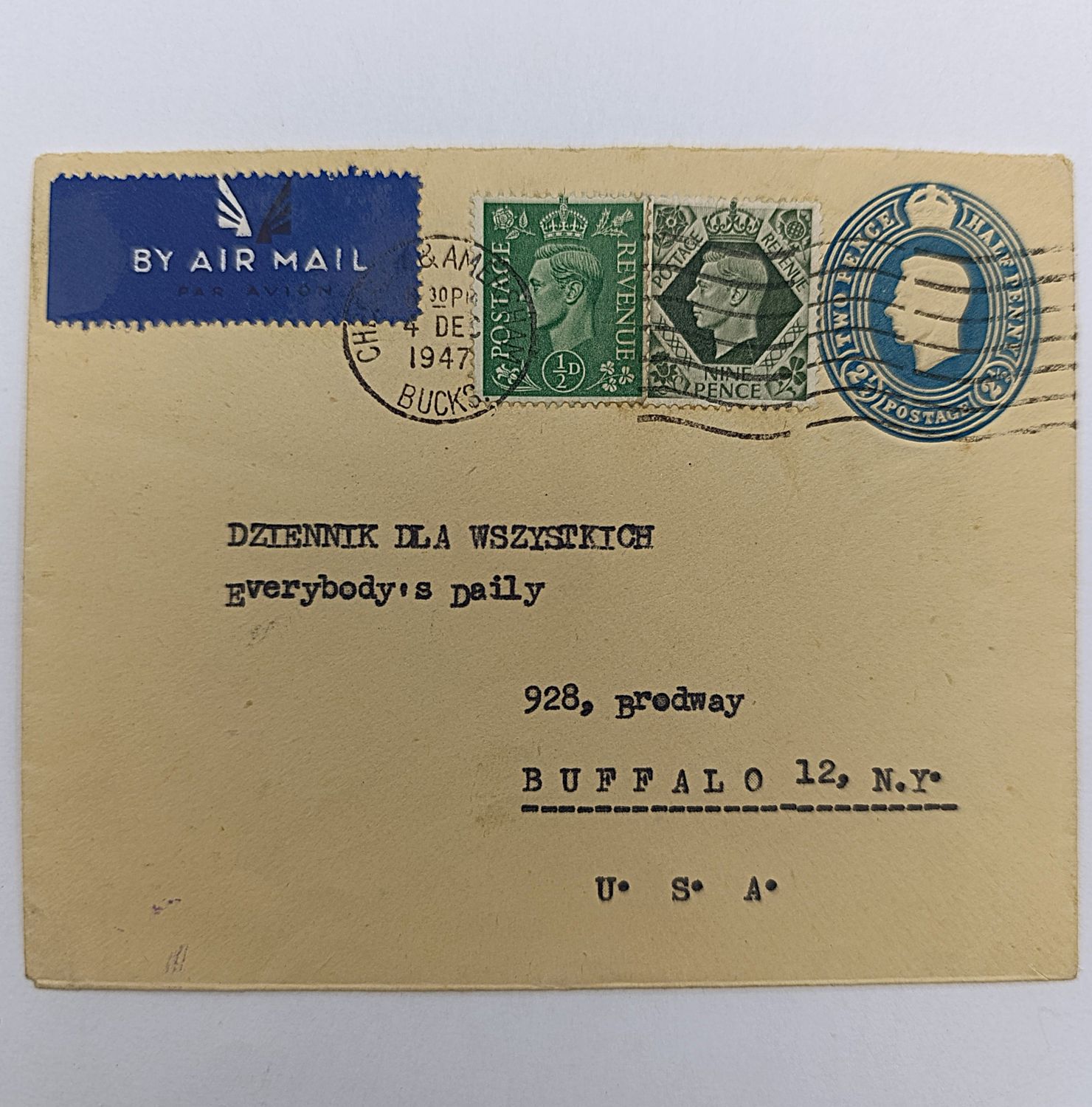 1947 airmail letter from Polish Camp Penn Wood in Amersham to Buffalo USA on uprated prepaid envelope