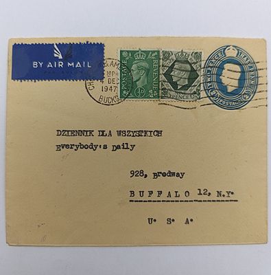 1947 airmail letter from Polish Camp Penn Wood in Amersham to Buffalo USA on uprated prepaid envelope
