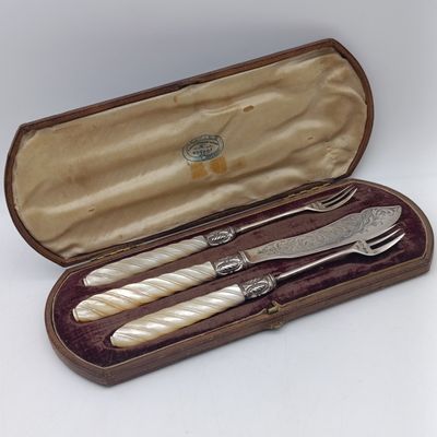 Antique English Sterling Silver and mother of pearl pickle serving set in case