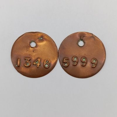 Pair of Antique Copper tool check token - #1346 and #5999