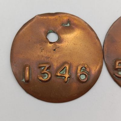 Pair of Antique Copper tool check tokens - #1346 and #5999