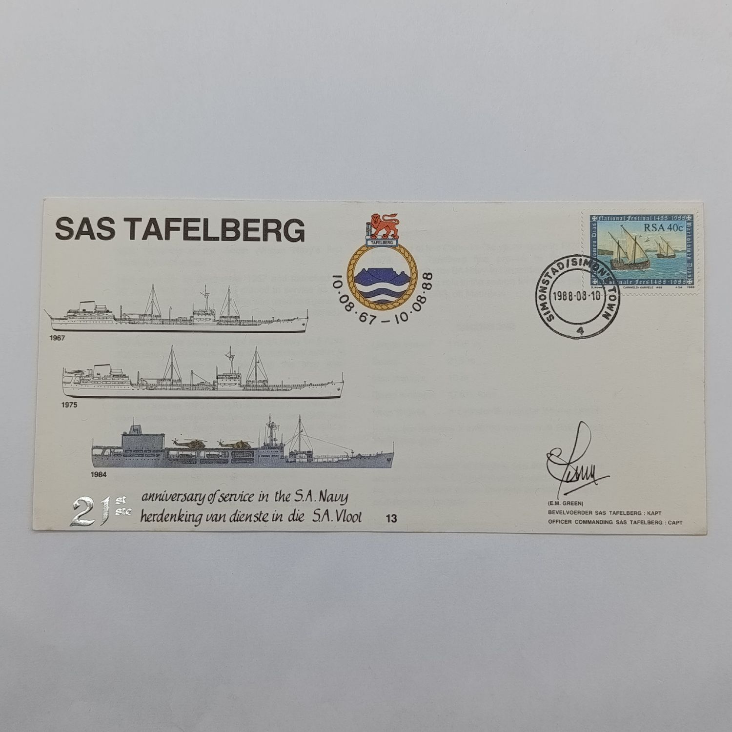 Posted Cover for the 21st anniversary of SAS Tafelberg in the Navy 1988 - signed by Capt EmGreen