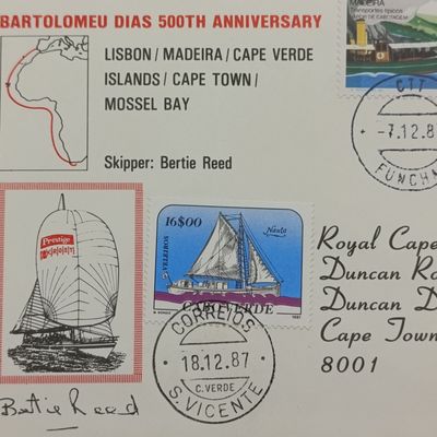Cover for the 500th anniversary of Bartholomeu Dias 1987 Commemorating the route from Lisbon to Mossel Bay signed by Skipper Bertie Reed