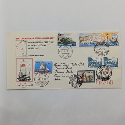 Cover for the 500th anniversary of Bartholomeu Dias 1987 Commenorating the route from Lisban to Mossel Bay signed by Skipper Bertie Reed