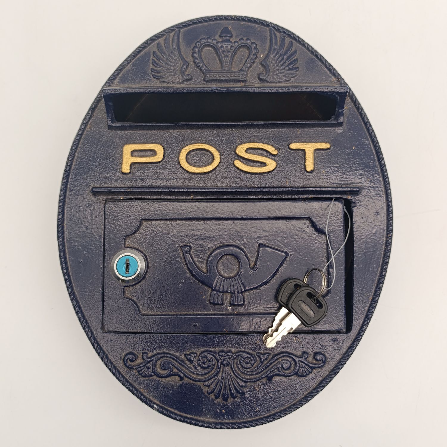Antique style metal post box with keys