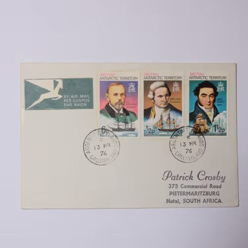Airmail cover from Argentine Islands, Graham Land to Pietermaritzburg, South Africa with British Antarctic Territory 6p, 1/2p and 1 1/2p stamps