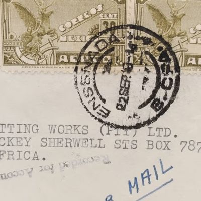 Airmail cover Mexico to South Africa Pair of Mexican 30 cent stamps cancelled 22 September - Casa Perez stationary