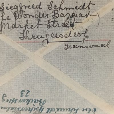 1937 Airmail Cover Germany to South Africa through Athens, Greece - Rerouted from Dewetsdorp to Krugersdorp unknown rubber stamp on front