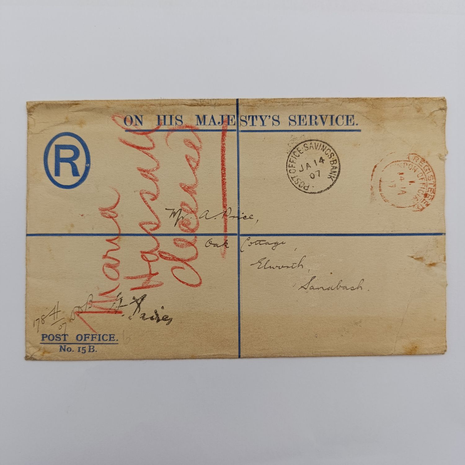 Official Registered envelope on his majesty's service with Post office Savings Bank cancellation 14 Jan 1907 and London office Red registration cancel
