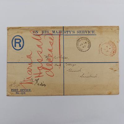 Official Registered envelope on his majesty's service with Post office Savings Bank cancellation 14 Jan 1907 and London office Red registration cancel Official Registered envelope on his majesty's service with Post office Savings Bank cancellation 14 Jan 1907 and London office Red registration cancel
