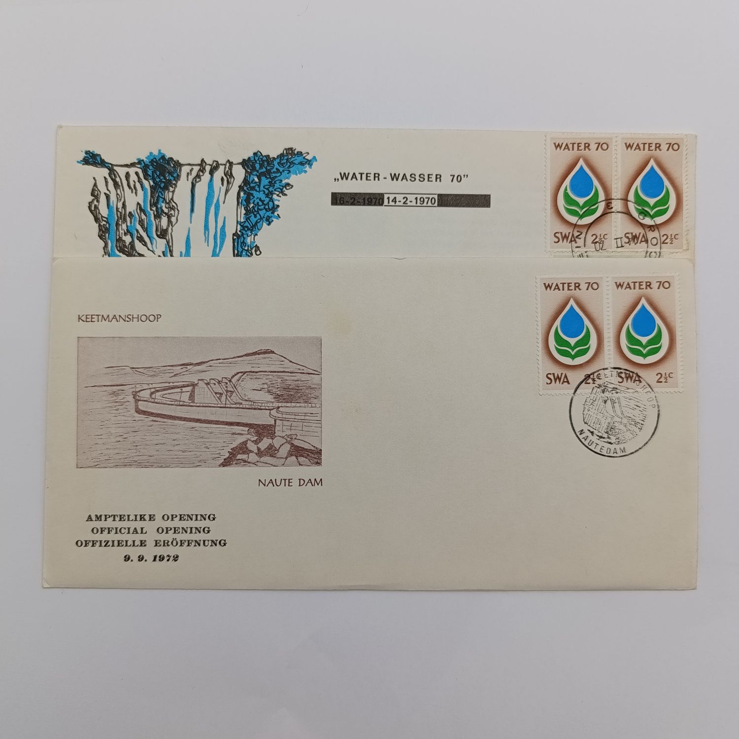 SWA Water 1970 Campaign FDC with 2 of each of stamps no SACC 236 &amp; 237 - Plus opening of Naute dam cover 1972 with 2x SACC 236 stamps