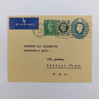 1947 airmail letter from Polish Camp Penn Wood in Amsterdam to Buffalo USA on uprated prepaid envelope
