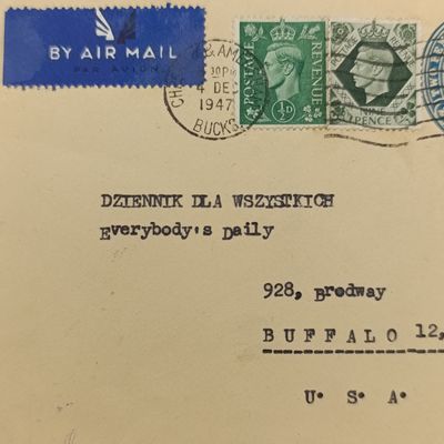 1947 airmail letter from Polish Camp Penn Wood in Amsterdam to Buffalo USA on uprated prepaid envelope