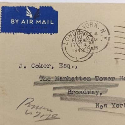 Airmail London to New York 1948 - redirected through Planetarium station and forwarded as unclaimed to the inquiry section