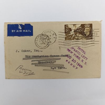 Airmail London to New York 1948 - redirected through Planetarium station and forwarded as unclaimed to the inquiry section