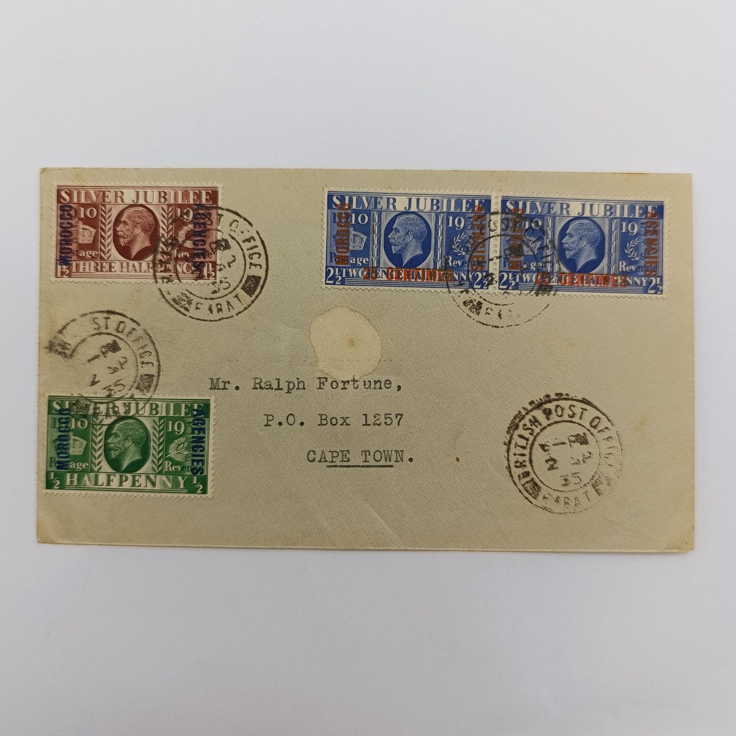 Letter posted 2 Sept 1935 with 4x George 5 silver jubilee stamps overstamped Morocco Agencies - cancelled British Post Office FARAT