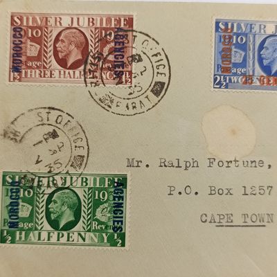 Letter posted 2 Sept 1935 with 4x George 5 silver jubilee stamps overstamped Morocco Agencies - cancelled British Post Office FARAT