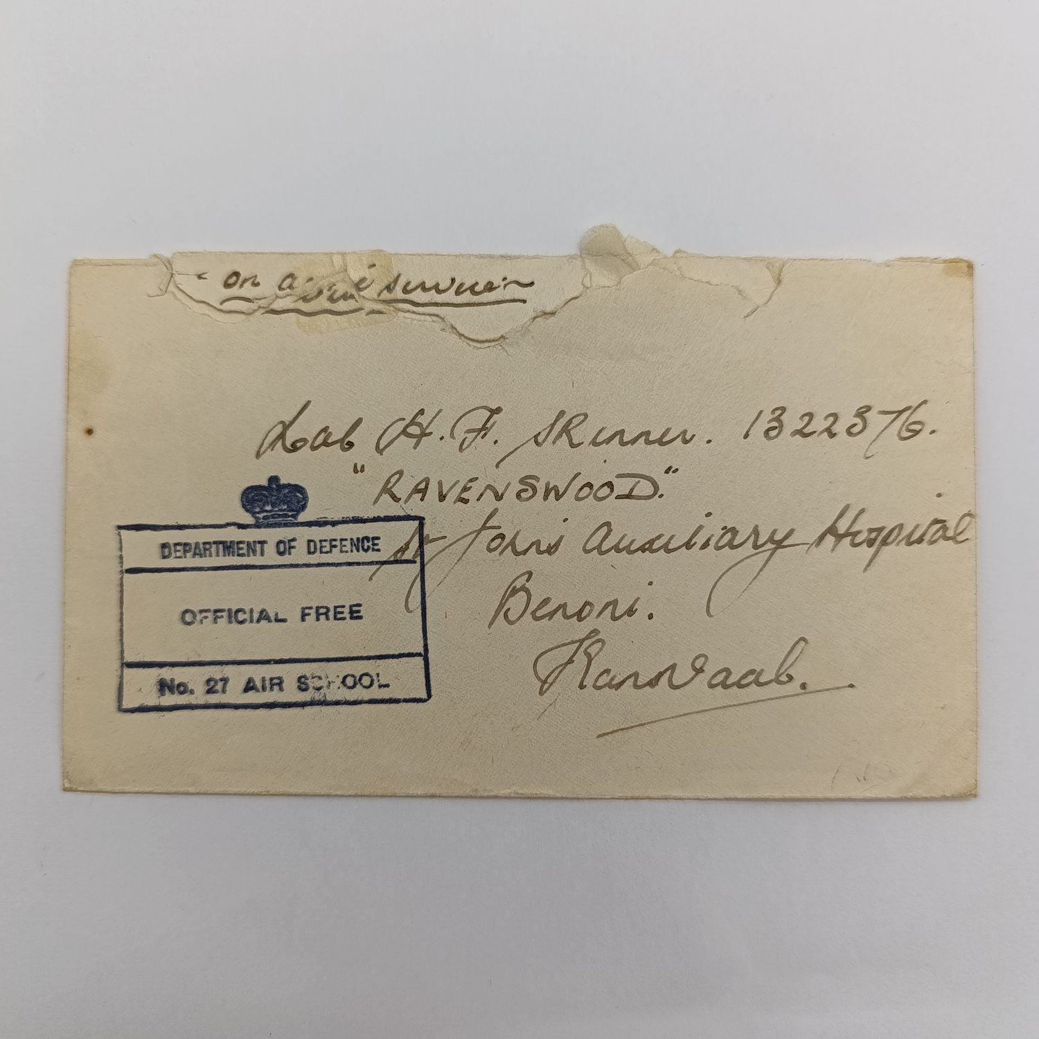 Letter from RAF no 27 air school to Benoni Transvaal WW2 period