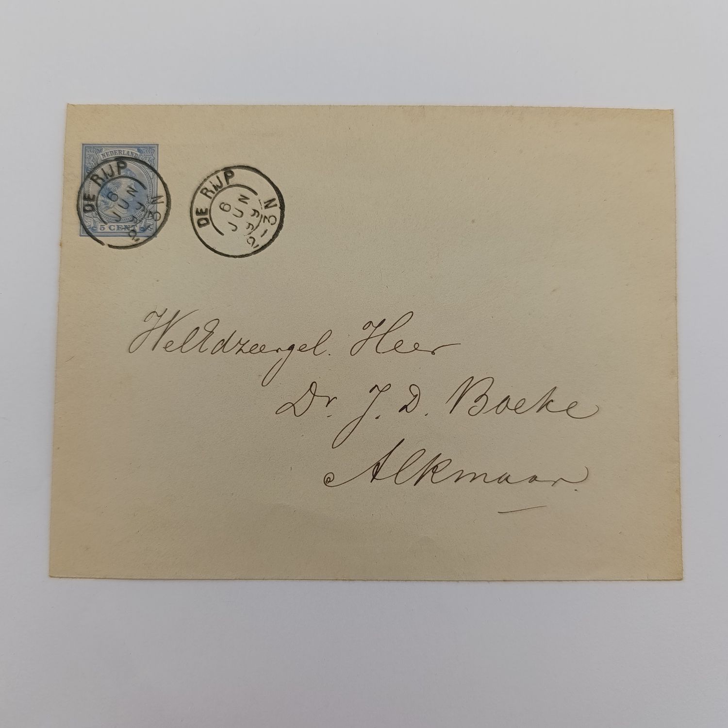 Postal Cover posted Netherlands 6 June 1899 on prepaid Stationery at De Rijp to Dr JD Boeke, Alkmaar - Backstamped Alkmaar 6 June 1899