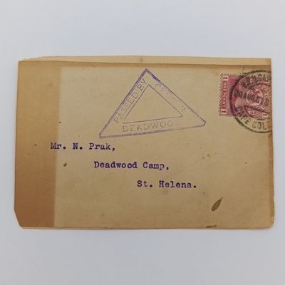 Boer War POW fronts stuck back to back one side posted Cape Colony Aug 1901 to N Prak, Deadwood Camp, St Helena - Triangular Deadwood censor rubber stamp - See description