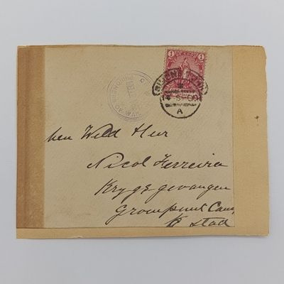 Boer War POW fronts stuck back to back one side posted Norvalspont 25 Feb 1902 to GH Meyer Deadwood Camp, St Helena - See description