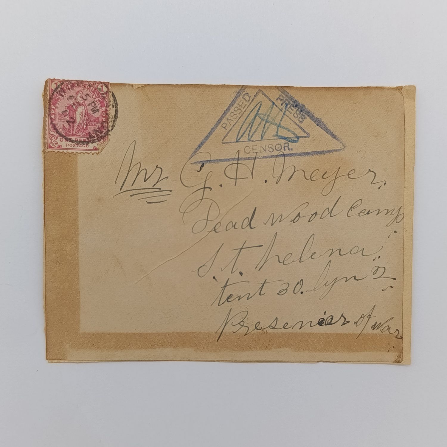 Boer War POW fronts stuck back to back one side posted Norvalspont 25 Feb 1902 to GH Meyer Deadwood Camp, St Helena - See description